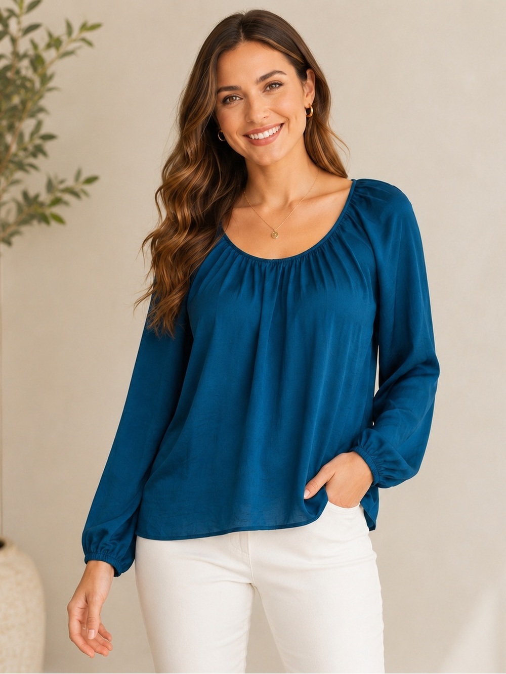 Ann Taylor Teal Long-Sleeve Scoop Neck Blouse
